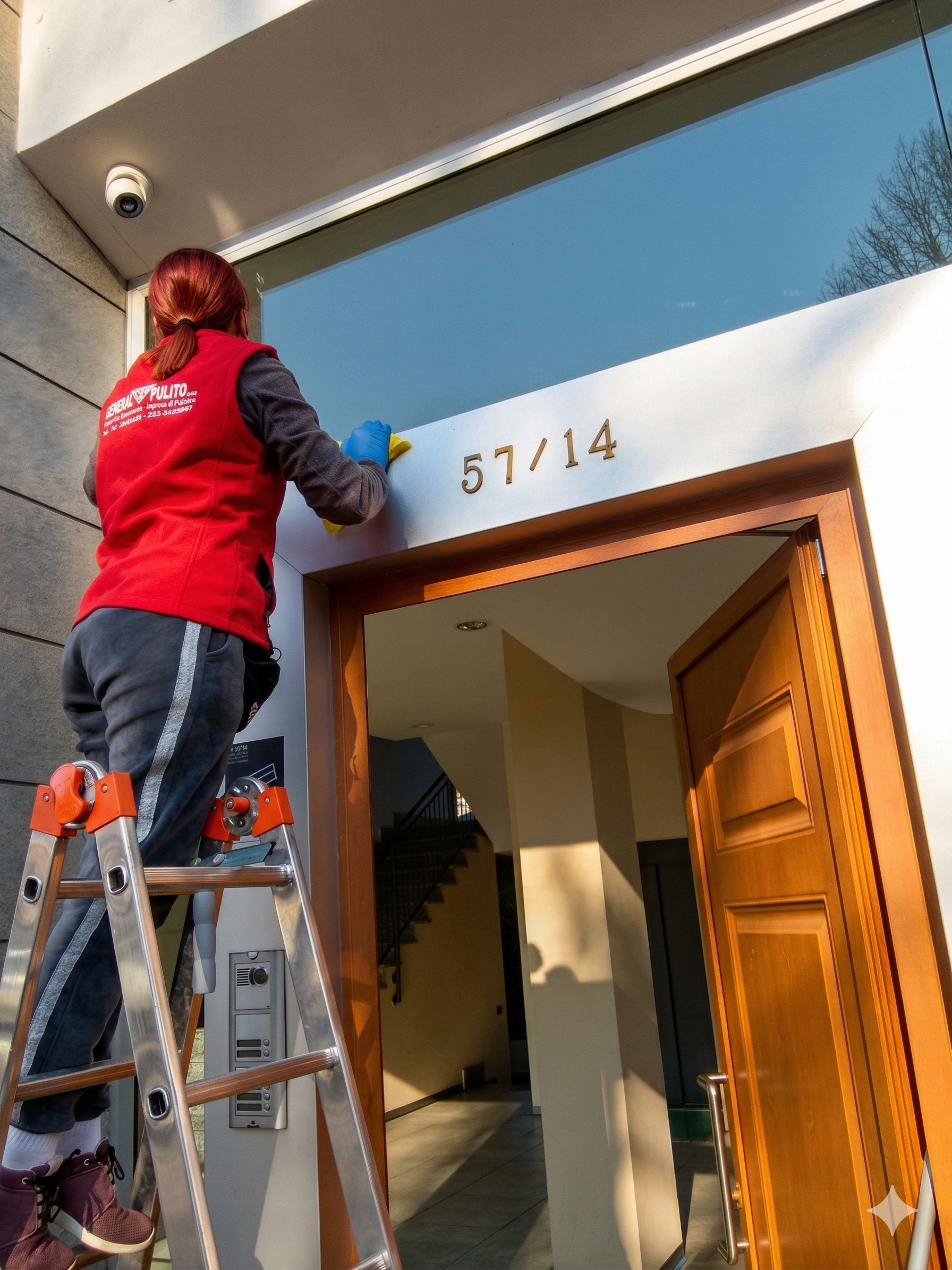 Operatrice General Pulito in azione su ingresso condominiale moderno